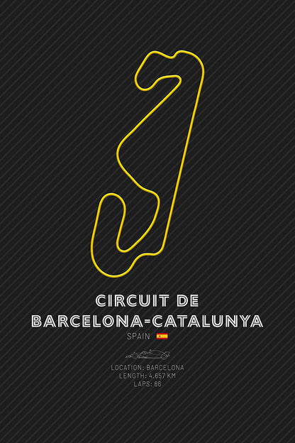Outline of the Circuit de Barcelona-Catalunya F1 track in yellow on a dark background, representing the challenging Spanish Grand Prix circuit.