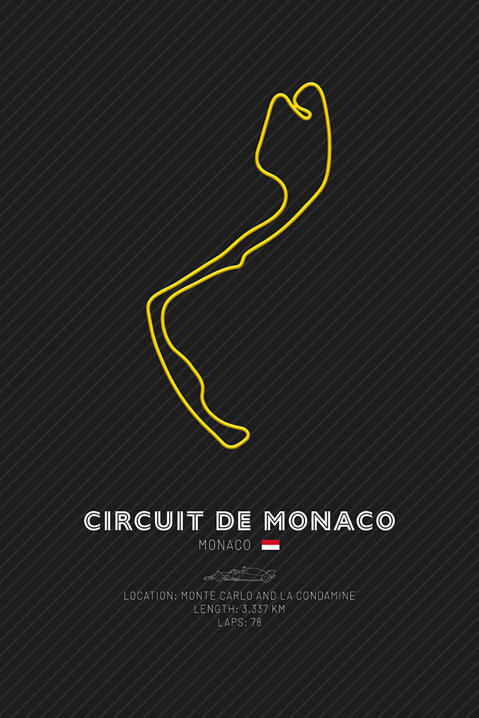 Outline of the Circuit de Monaco F1 track in yellow, featuring the iconic twists and turns of the legendary Monte Carlo Grand Prix.