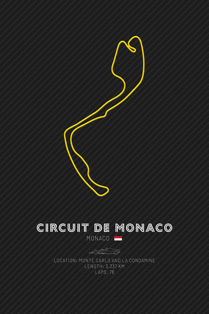 Outline of the Circuit de Monaco F1 track in yellow, featuring the iconic twists and turns of the legendary Monte Carlo Grand Prix.