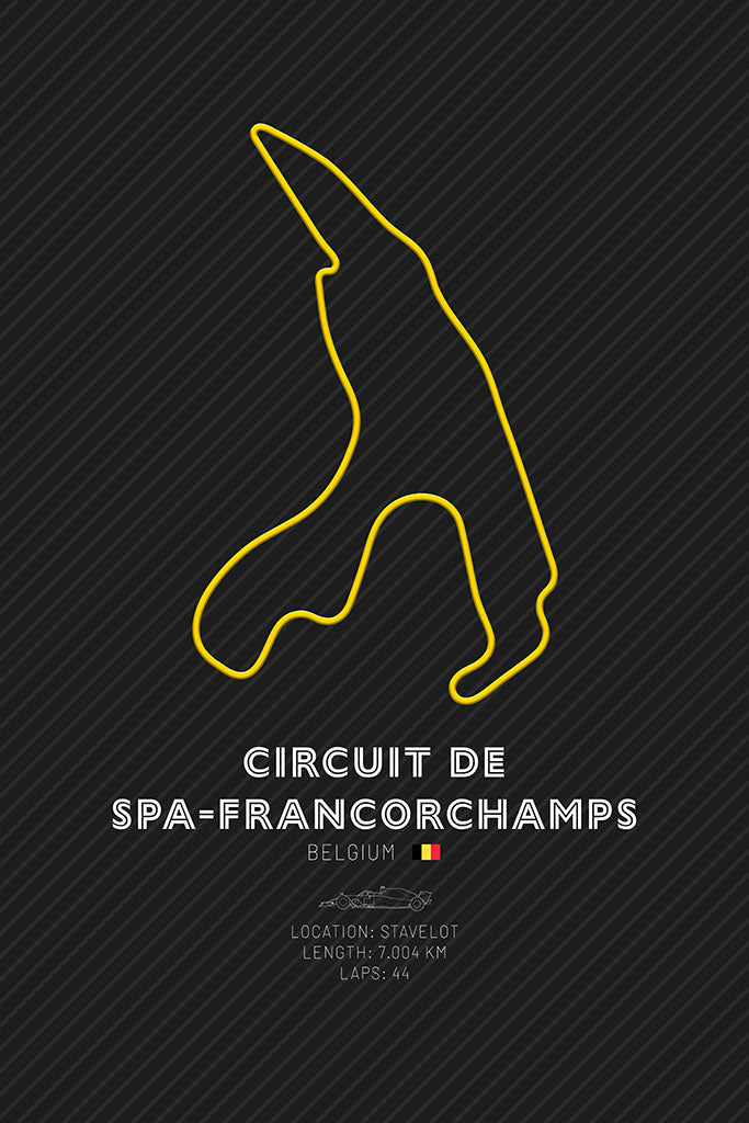 Outline of the Circuit de Spa-Francorchamps F1 track in yellow, featuring the distinctive turns and fast straights of the Belgian Grand Prix circuit
