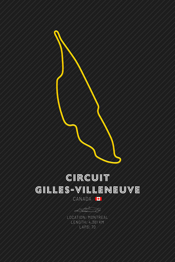 Outline of the Circuit Gilles-Villeneuve F1 track in yellow, showcasing the sharp corners and high-speed straights of the Canadian Grand Prix circuit.