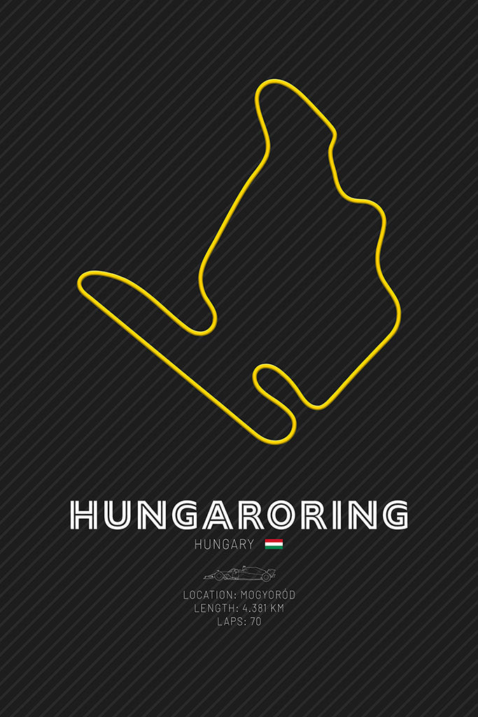 The yellow outline of the Hungaroring F1 track, representing its tight corners and challenging layout, a key feature of the Hungarian Grand Prix.