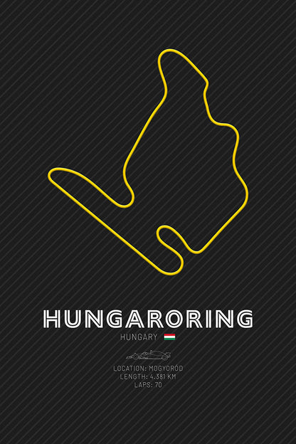 The yellow outline of the Hungaroring F1 track, representing its tight corners and challenging layout, a key feature of the Hungarian Grand Prix.