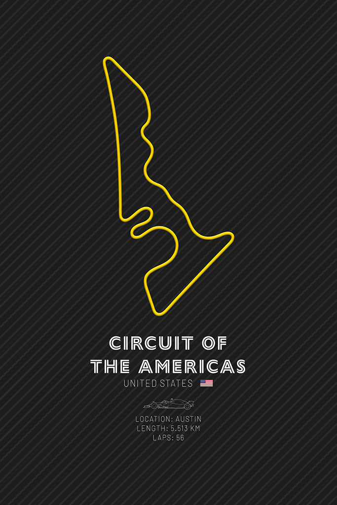 The outline of the Circuit of the Americas F1 track in yellow, highlighting the challenging corners and thrilling layout of the Austin-based circuit.