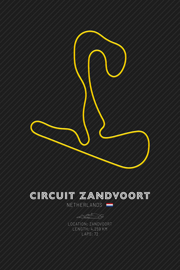 The yellow outline of the Circuit Zandvoort F1 track, capturing its exciting and challenging layout, iconic for its curves and the passionate Dutch crowd.
