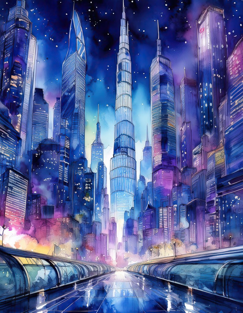 Experience the vibrant, futuristic cityscape captured in "City Nights: City Of The Future" by FN Prints. Towering skyscrapers illuminated with bright, multicolored lights dominate the skyline, showcasing modern sophistication. The tallest central skyscraper stands majestically, while a glass-covered walkway in the foreground reflects the vivid colors of this urban marvel.