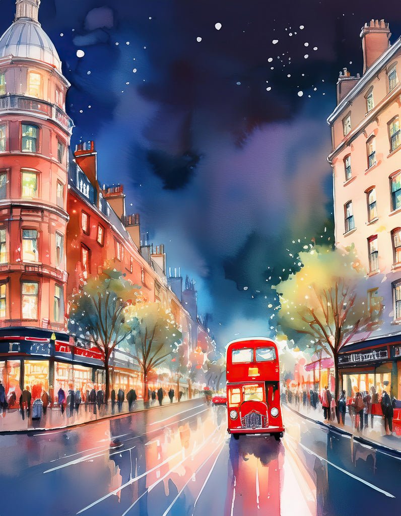 City Nights: Double Decker Bus by FN Prints captures the essence of an urban evening with a vibrant, watercolor-style painting. A red London double-decker bus travels down a wet, reflective street lined with tall buildings and illuminated storefronts. People stroll along the sidewalks under streetlights and trees, embodying the bustling charm of city nights.