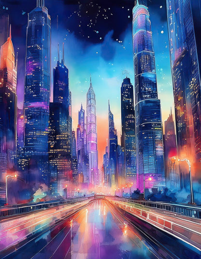 Experience the luminous charm of "City Nights: Future City" by FN Prints, depicting a vibrant, futuristic cityscape at dusk. Tall skyscrapers gleam in an array of blue, pink, and purple hues under a transitioning sky from sunset orange to deep blue. Bright stars twinkle above as the empty streets below mirror the neon-lit aesthetic of this captivating urban scene.