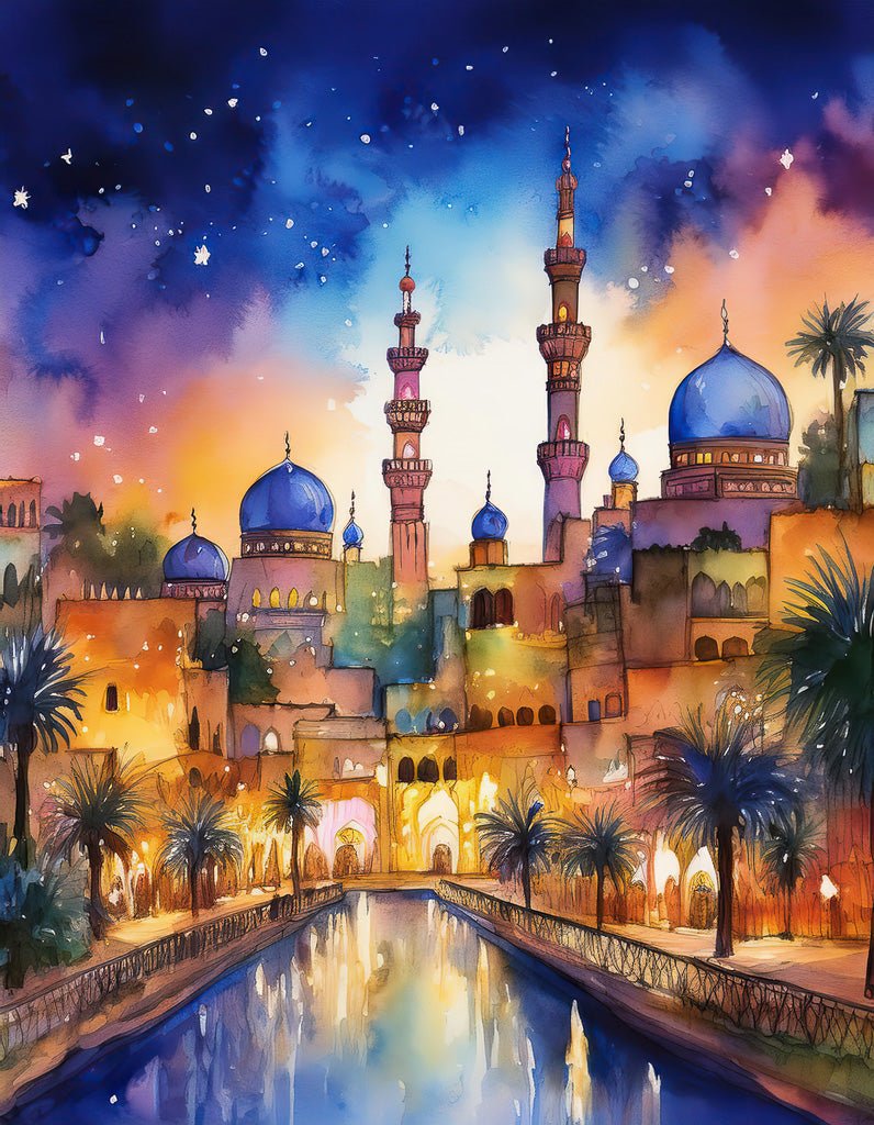 City Nights: Middle East" by FN Prints is a vibrant and colorful painting depicting a Middle Eastern cityscape at dusk. It features traditional stone buildings, blue-domed mosques, tall minarets, palm trees, and a reflecting pool. The sky is an enchanting blend of deep blue and orange hues with twinkling stars adding to the magical atmosphere.