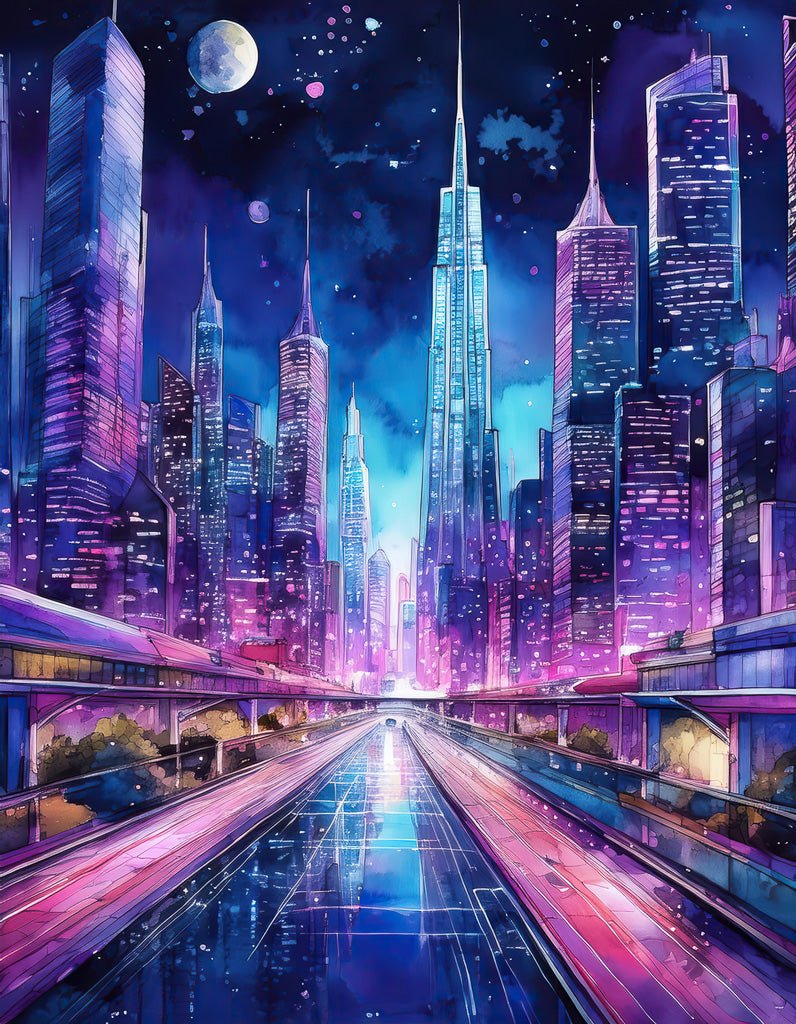 Experience the vibrant, neon-lit future cityscape of City Nights: Ultra Modern by FN Prints. This stunning piece features towering skyscrapers illuminated in hues of blue, purple, and pink. A sleek, elevated highway runs through the center, reflecting the neon lights below a full moon shining brightly in the starry sky above this futuristic metropolis.