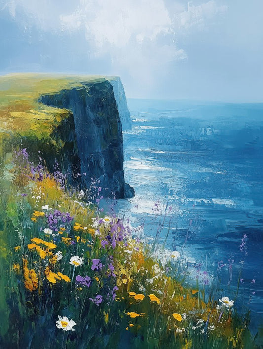Colorful wall art of the Cliffs of Moher with wildflowers and Atlantic waves in expressive brushstrokes