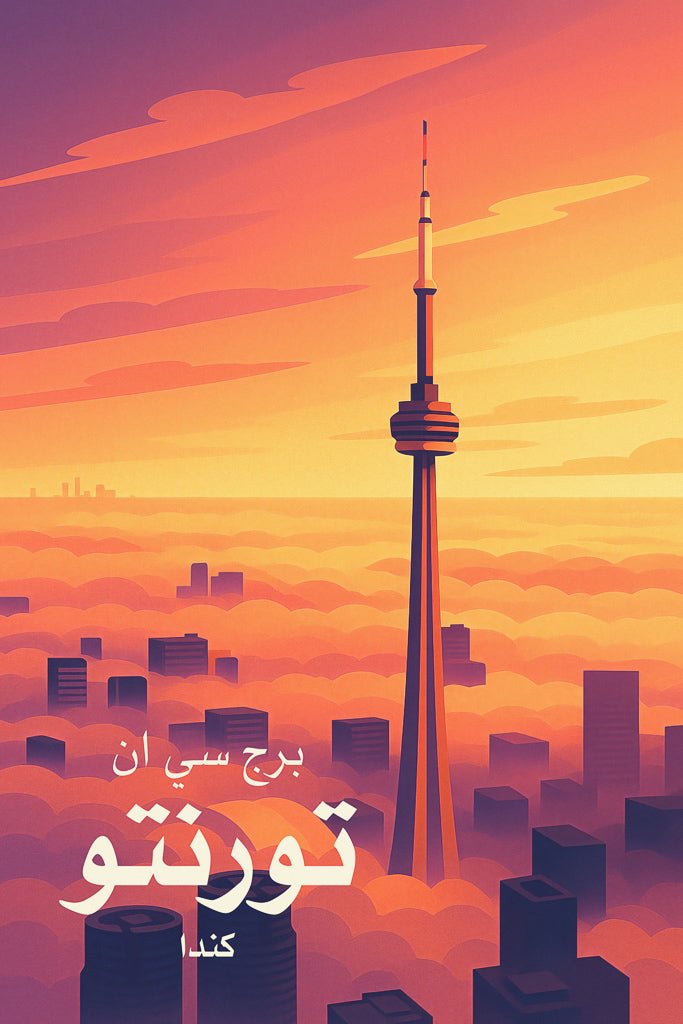 Vintage travel poster of برج سي إن (CN Tower) in Toronto, Canada, rising above the city in a golden sunset fog. Retro color palette with urban silhouettes.