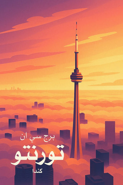 Vintage travel poster of برج سي إن (CN Tower) in Toronto, Canada, rising above the city in a golden sunset fog. Retro color palette with urban silhouettes.