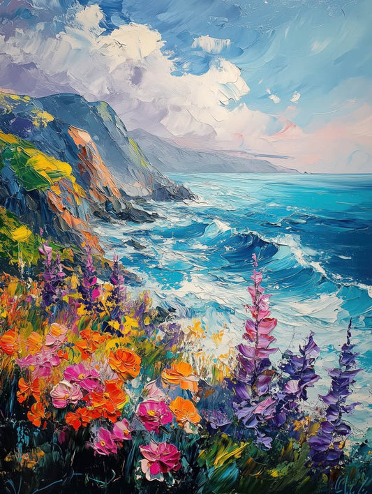 Abstract seascape artwork with colorful wildflowers, crashing waves, and coastal cliffs in vibrant textured brushstrokes.