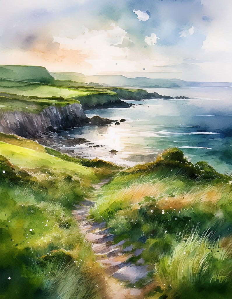 Coastal Path: Ireland by FN Prints captures a scenic coastal landscape with a sunlit path winding through lush green hills, leading to the rocky Irish coastline. The sky is filled with fluffy clouds, and the sea sparkles in the sunlight, reflecting the tranquil, idyllic mood of this natural elegance.