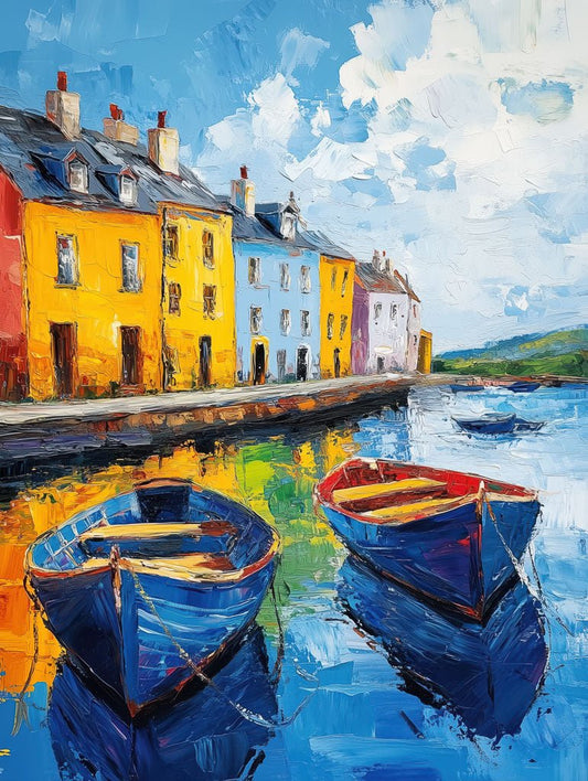 Bold and colourful Galway harbour scene with boats and townhouses. Irish coastal charm for your walls.