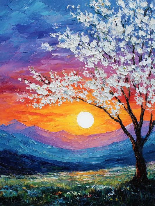 Painting of a cherry blossom tree against a sunset sky with mountains in the background.