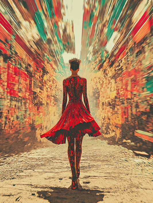 A person in a flowing red dress walks down a path, surrounded by vibrant, abstract psychedelic artwork. FN Prints' Colourful Departure enhances the scene's vibrancy, while the background's motion blur effect captures the dynamic and surreal spirit of adventure.