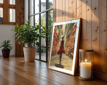 FN Prints' "Colourful Departure" framed painting, featuring a person in a red dress amidst a vibrant street, leans against a wooden wall. Nearby, a lit candle and lush potted plants sit on the wooden floor as natural light spills through the window, filling the scene with warmth.