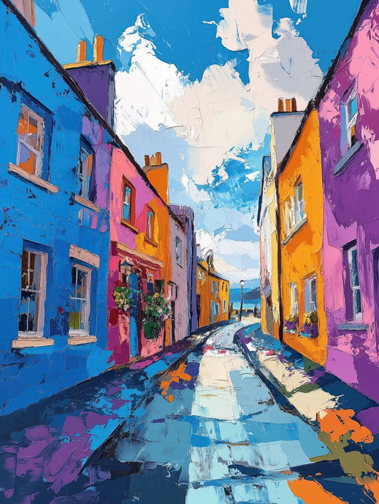 Painting of a colourful Irish street with bright pink, blue, and orange buildings under a sunny sky.