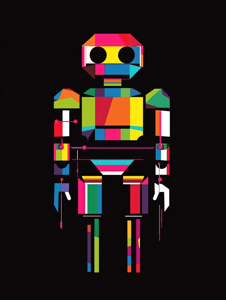 A vibrant, geometric robot design with bold primary colours, featuring angular shapes and abstract patterns on a black background.