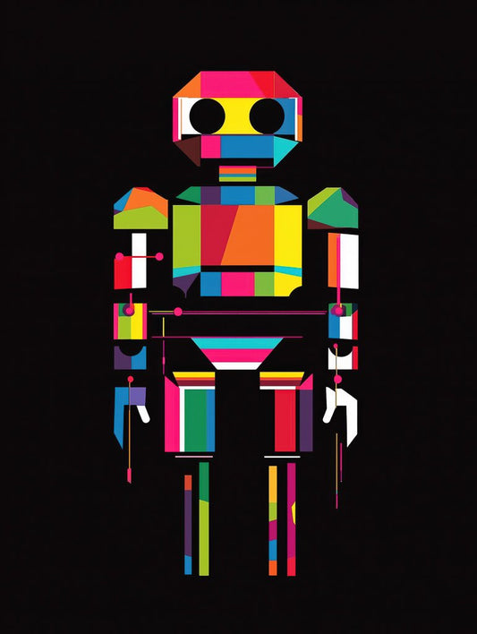 A vibrant, geometric robot design with bold primary colours, featuring angular shapes and abstract patterns on a black background.