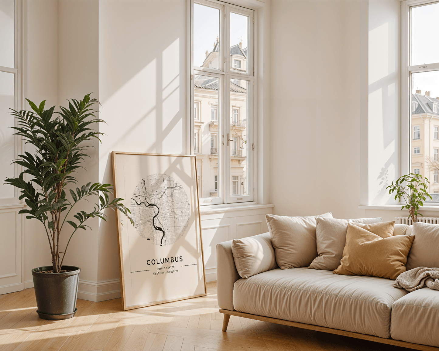 A sunlit living room showcases a cozy beige sofa with cushions, a large potted plant, and an FN Prints Columbus City Map leaning against the wall. Tall windows flood the space with natural light, accentuating the wooden floor.