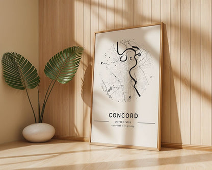 A framed FN Prints Concord City Map leans against a wooden paneled wall in a sunlit room, showcasing the elegance of city art. This museum-quality print, featuring coordinates, is paired with a large-leafed potted plant on the wooden floor.