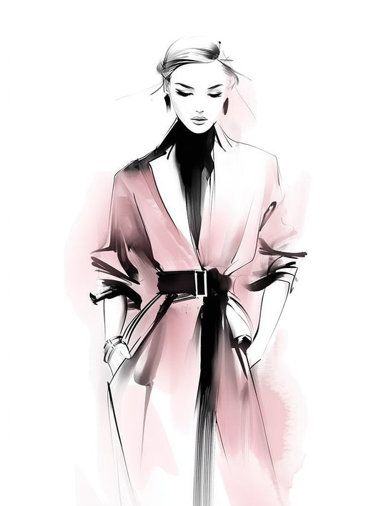 Confidence in Blush" by FN Prints is a minimalist wall art illustration showing a person in a belted light coat with rolled sleeves and styled-back short hair, depicted expressively in black and blush pink. Perfect for modern decor.