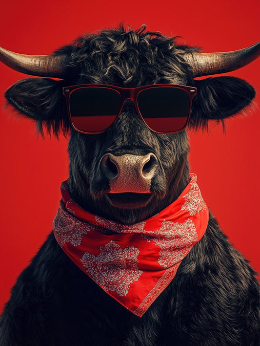 Stylized bull (ثور) with red sunglasses and a red bandana on a red background. Modern, humorous wall art decor statement piece.