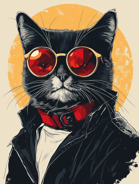 Illustration of a black cat in red sunglasses and a leather jacket with a sunburst background.