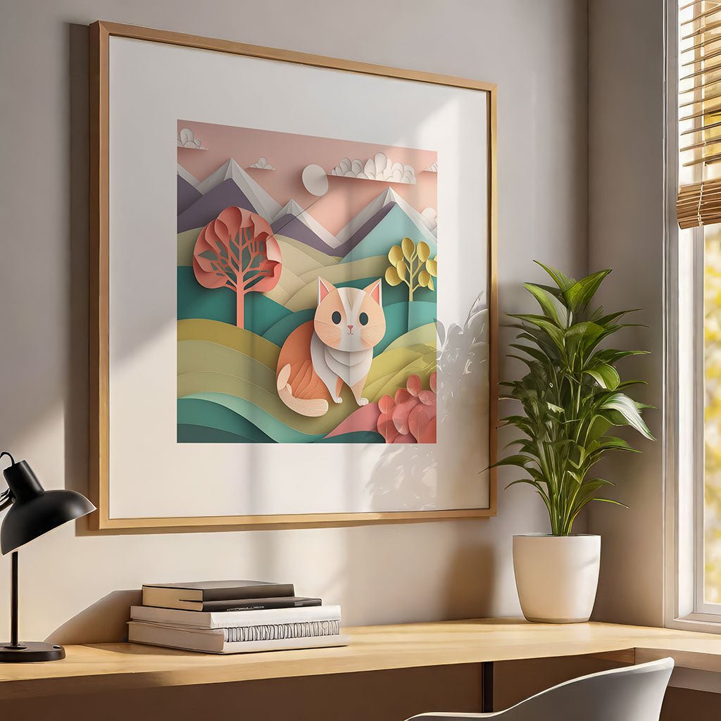 FN Prints' "Cormac The Cat" is showcased in a lively landscape with trees and mountains, portrayed in a digital style that mimics folded paper art. The framed piece is positioned above a wooden desk, which features a lamp, books, and a potted plant. Sunlight streaming through nearby blinds creates warm tones across the setting.