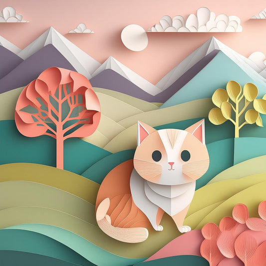 The whimsical scene in 'Cormac The Cat' by FN Prints captures a cute cat resting on rolling green hills with abstract trees and mountains in the background. The sky is a pastel pink with fluffy clouds, and a bright sun casts serene light over the landscape, showcasing a folded paper effect digital art perfect for children's space decor.