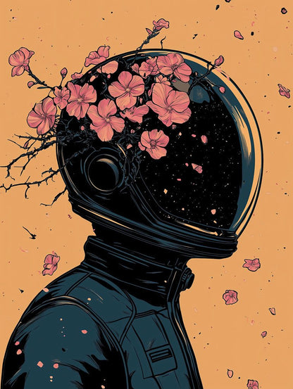 The "Cosmic Bloom – Dark Astronaut Digital Art Print" by FN Prints displays a helmet decorated with pink flowers and branches on an orange background, blending space with nature as petals and debris swirl around.