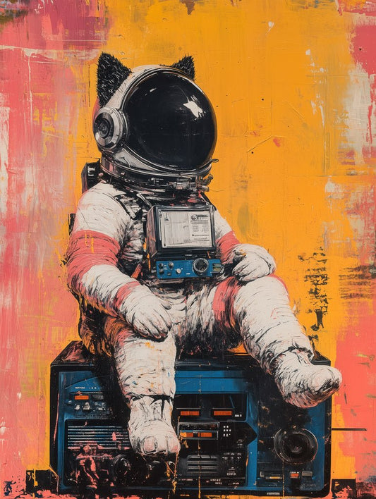 Illustration of a cat in an astronaut suit sitting on a retro stereo against a yellow and pink textured background.