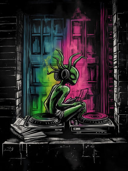 In the digital artwork titled "Cosmic DJ on the Streets" by FN Prints, a green alien known as the Cosmic DJ can be seen wearing headphones while sitting on a windowsill with two turntables. Vibrant lights in shades of green, blue, and pink swirl in the background, evoking a lively street art atmosphere.