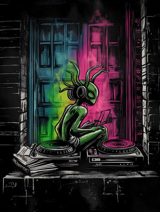 In the digital artwork titled "Cosmic DJ on the Streets" by FN Prints, a green alien known as the Cosmic DJ can be seen wearing headphones while sitting on a windowsill with two turntables. Vibrant lights in shades of green, blue, and pink swirl in the background, evoking a lively street art atmosphere.