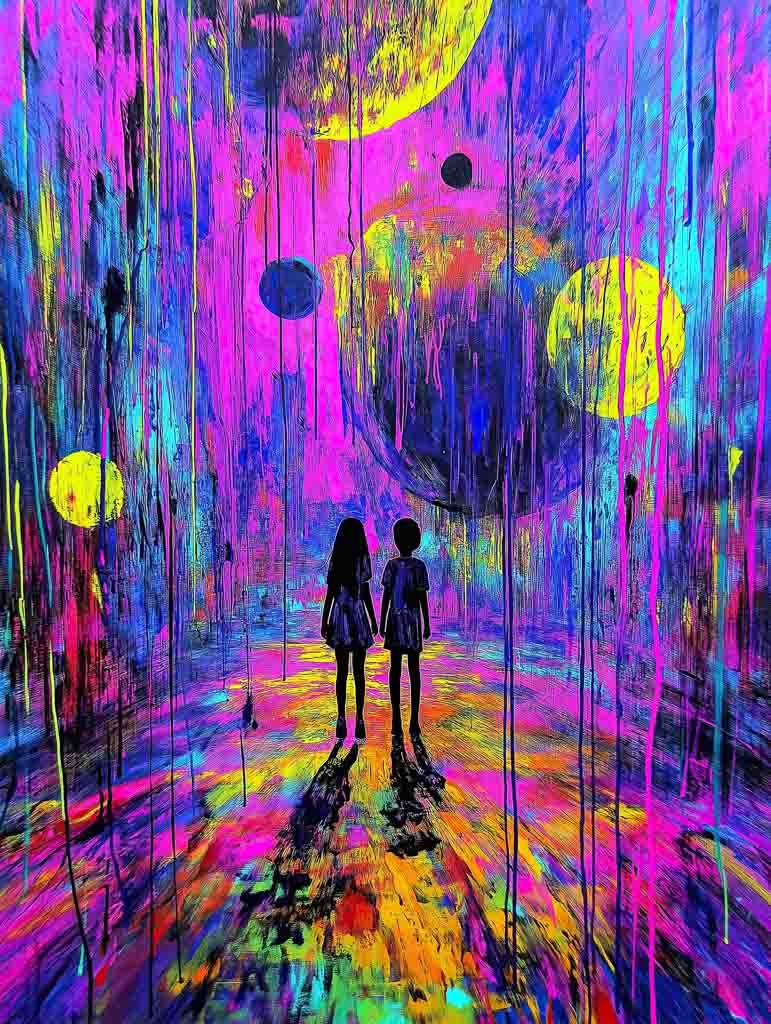 In FN Prints' "Cosmic Journey," two silhouetted figures stand side by side in a vibrant, abstract scene with a mesmerizing neon paint effect. Large, glowing yellow circles resembling planets float in the background, enhancing the cosmic wonder set against a swirling mix of purple, pink, and blue.