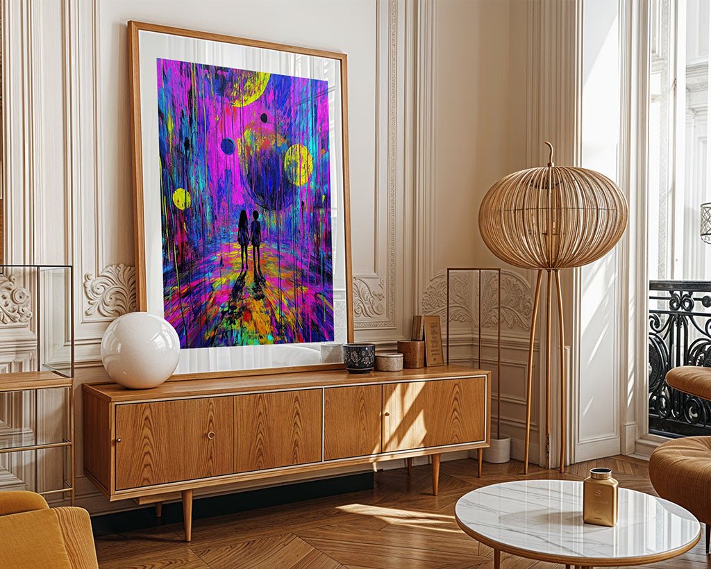 A modern living room showcases "Cosmic Journey," a striking piece by FN Prints, characterized by its vibrant neon hues, silhouetted figures, and circular shapes. The space is further complemented by a wooden sideboard, a round lamp, a small table, and white curtains that enhance its cosmic wonder.