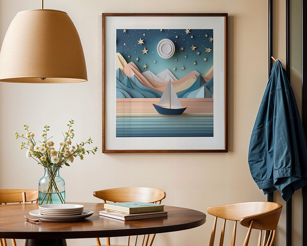 A dining room exudes serene elegance, featuring a round wooden table with chairs and a vase of flowers. "Cosmic Sail," a framed picture by FN Prints showcasing a boat on stylized waters with a folded paper digital art effect, hangs on the wall. A blue jacket is casually draped over a chair back.