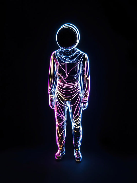 A silhouetted figure wears the Cosmic Vanguard spacesuit by FN Prints, featuring futuristic neon electric lines in pink, blue, and white against a black backdrop. The dark, reflective helmet encapsulates the captivating essence of abstract digital artwork.