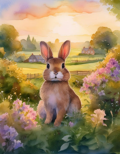 The FN Prints "Cottontail Bunny In The English Countryside" features a charming brown rabbit nestled among vibrant flowers and lush greenery in a scenic English countryside. Behind the bunny, rolling hills, scattered houses, and a golden sunset sky paint a serene and idyllic picture, perfectly capturing the essence of rural life.