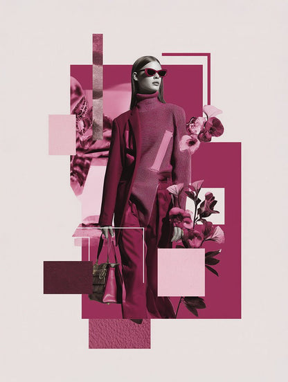 A woman in a dark pink suit, turtleneck, and sunglasses holds a handbag amid pink geometric shapes and flowers—Crimson Poise by FN Prints is a striking modern fashion collage with minimalist flair.