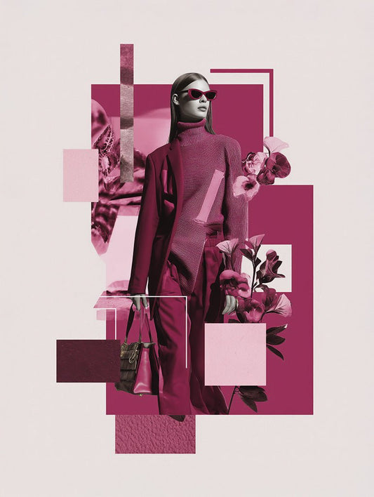 A woman in a dark pink suit, turtleneck, and sunglasses holds a handbag amid pink geometric shapes and flowers—Crimson Poise by FN Prints is a striking modern fashion collage with minimalist flair.