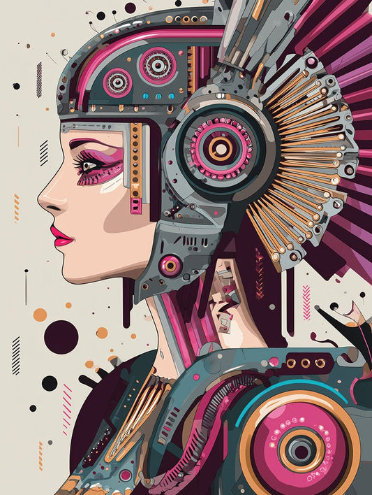 Cyber Amazon" by FN Prints is a digital illustration of a female cyber warrior in futuristic armor and helmet, featuring vibrant patterns and geometric shapes—ideal as bold cyberpunk wall art.