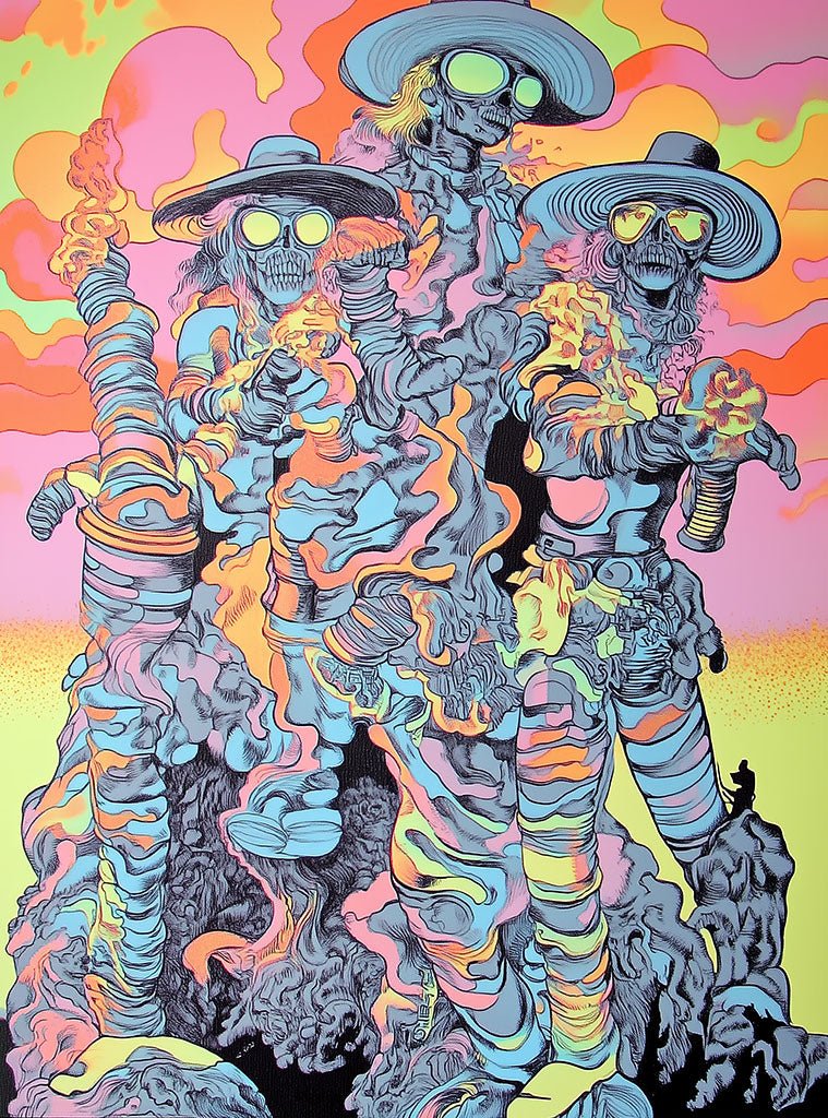 Cyberdelic Rhapsody by FN Prints is a dynamic, surreal digital artwork featuring three skeleton-like figures wearing wide-brimmed hats and sunglasses, surrounded by vibrant swirling smoke and abstract patterns in pinks, oranges, and blues.