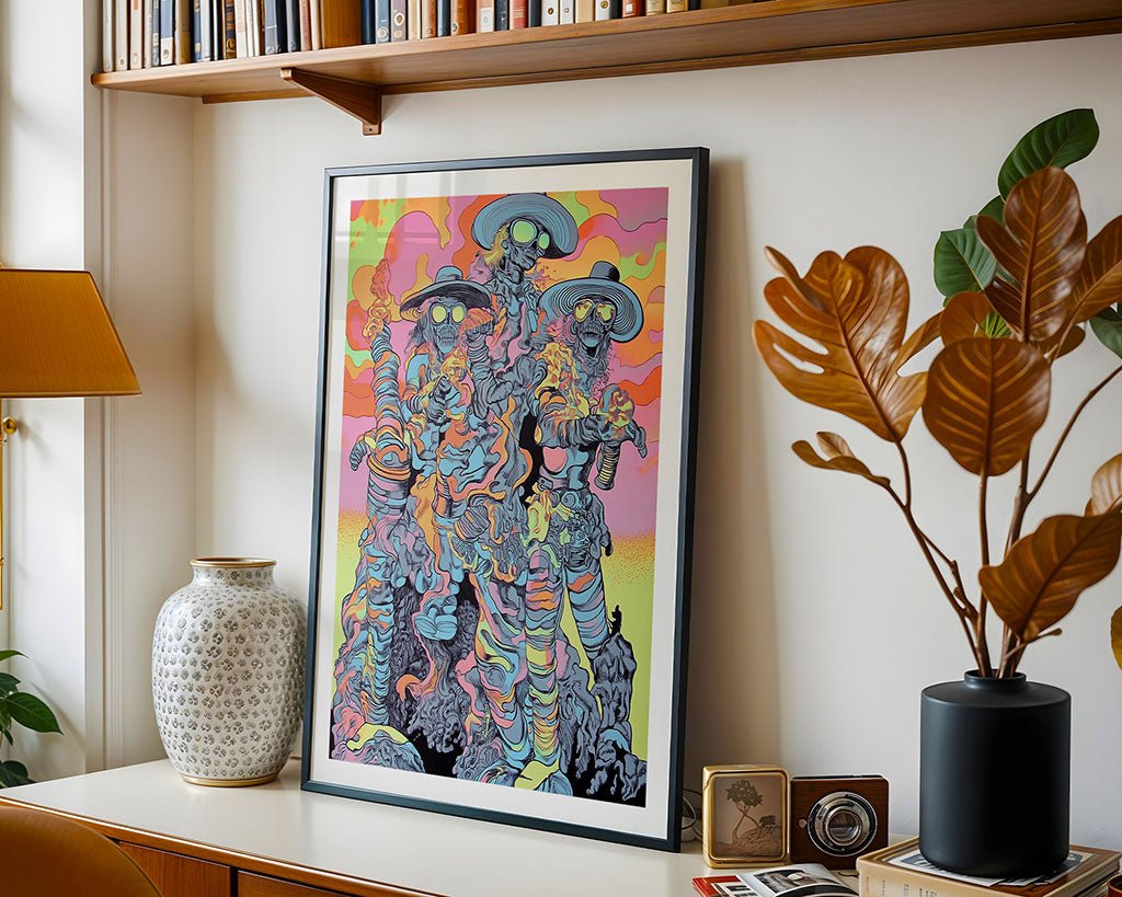 The image features FN Prints' "Cyberdelic Rhapsody," a framed digital art piece depicting a surreal landscape with colorful figures, leaning against a white wall on a wooden shelf. Nearby are a ceramic vase, books, and dried plants in a black pot.