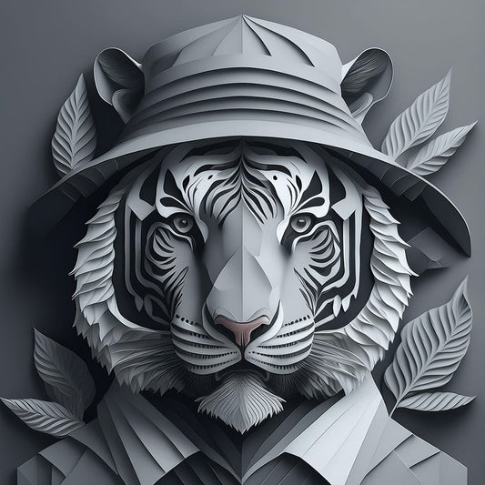 The "Dapper Tiger" by FN Prints showcases a sophisticated grayscale paper-cut style illustration of a tiger, elegantly dressed in a collared shirt and bucket hat. The digital artwork is adorned with intricately detailed leaves that add depth and texture, enhancing the monochrome tiger's refined appeal.