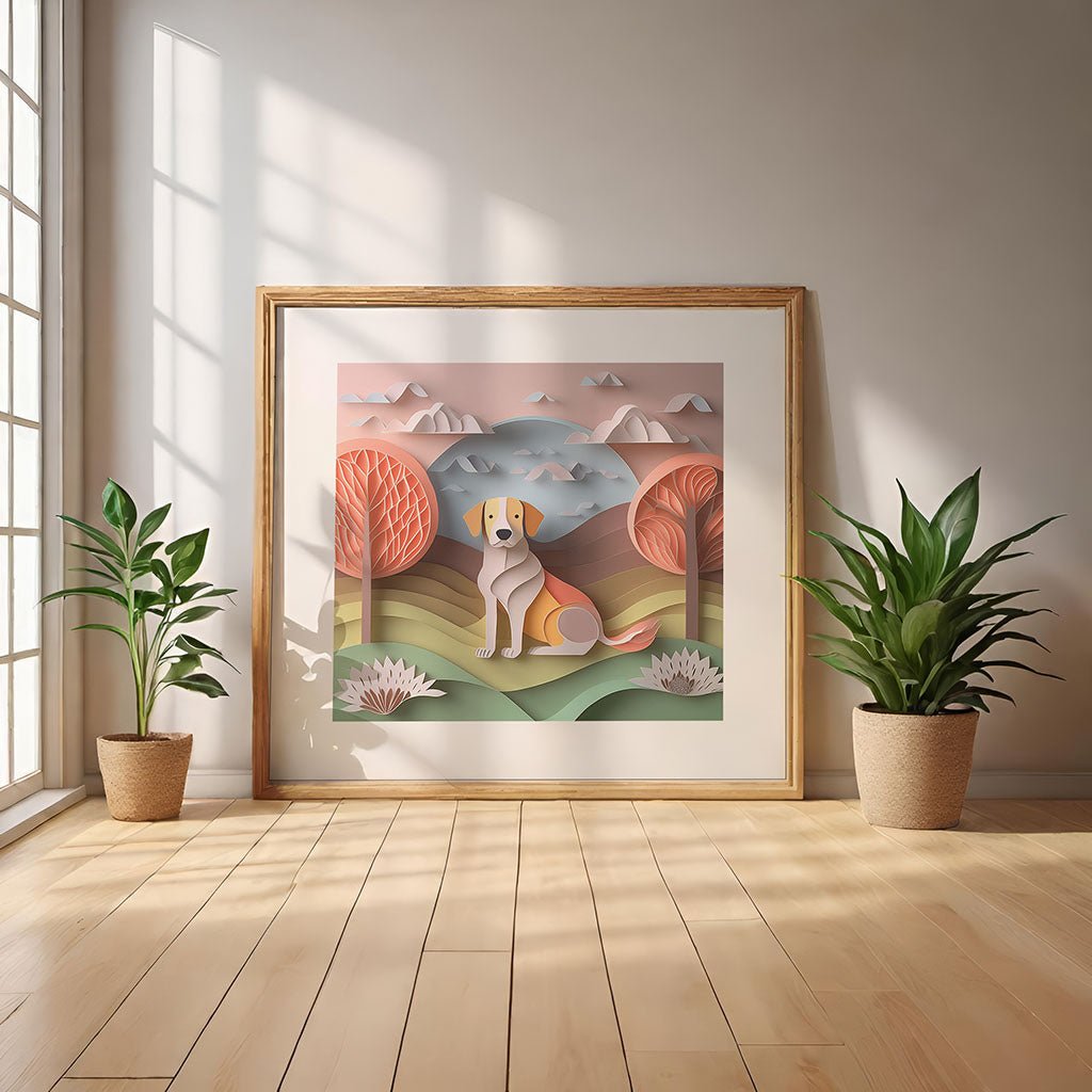 A framed FN Prints digital art piece titled "D'Artagnan The Dog" depicting a dog in a colorful landscape with mountains and trees leans against the wall, making it ideal for children's rooms. Flanking it on the wooden floor are two potted plants, as sunlight streams through a nearby window, creating gentle shadows and enhancing the whimsical magic.