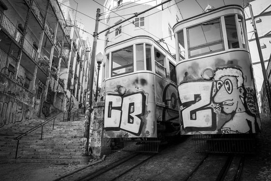 In this black and white image from FN Prints, titled "Decommissioned Trams," two graffiti-covered trams ascend steep tracks, capturing a scene emblematic of urban decay. The tram on the left displays the initials "CB," while the one on the right features a cartoon character with the number "28." Surrounding stairs and buildings are also adorned with graffiti art, completing the vibrant vista.